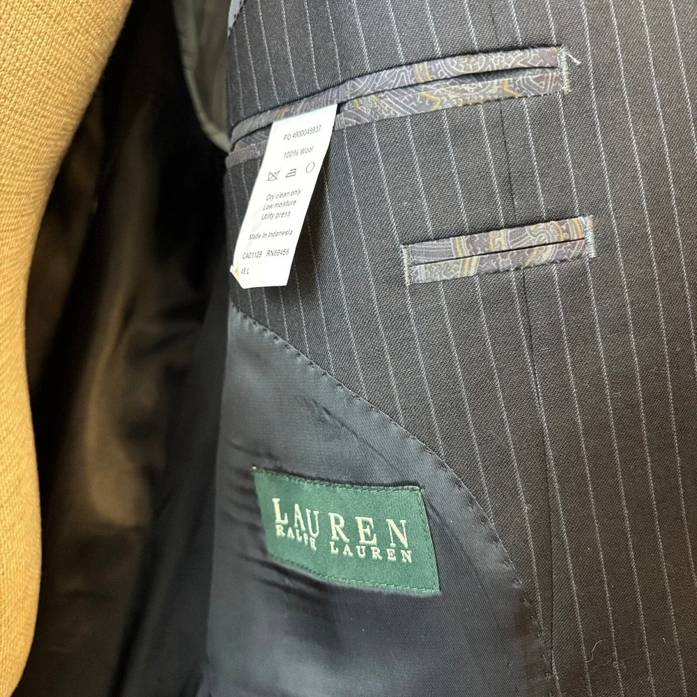 Ralph Lauren Pinstripe Suit Set Wool 2-Button Blazer 48‎ L Pants 36x32.5 MINT